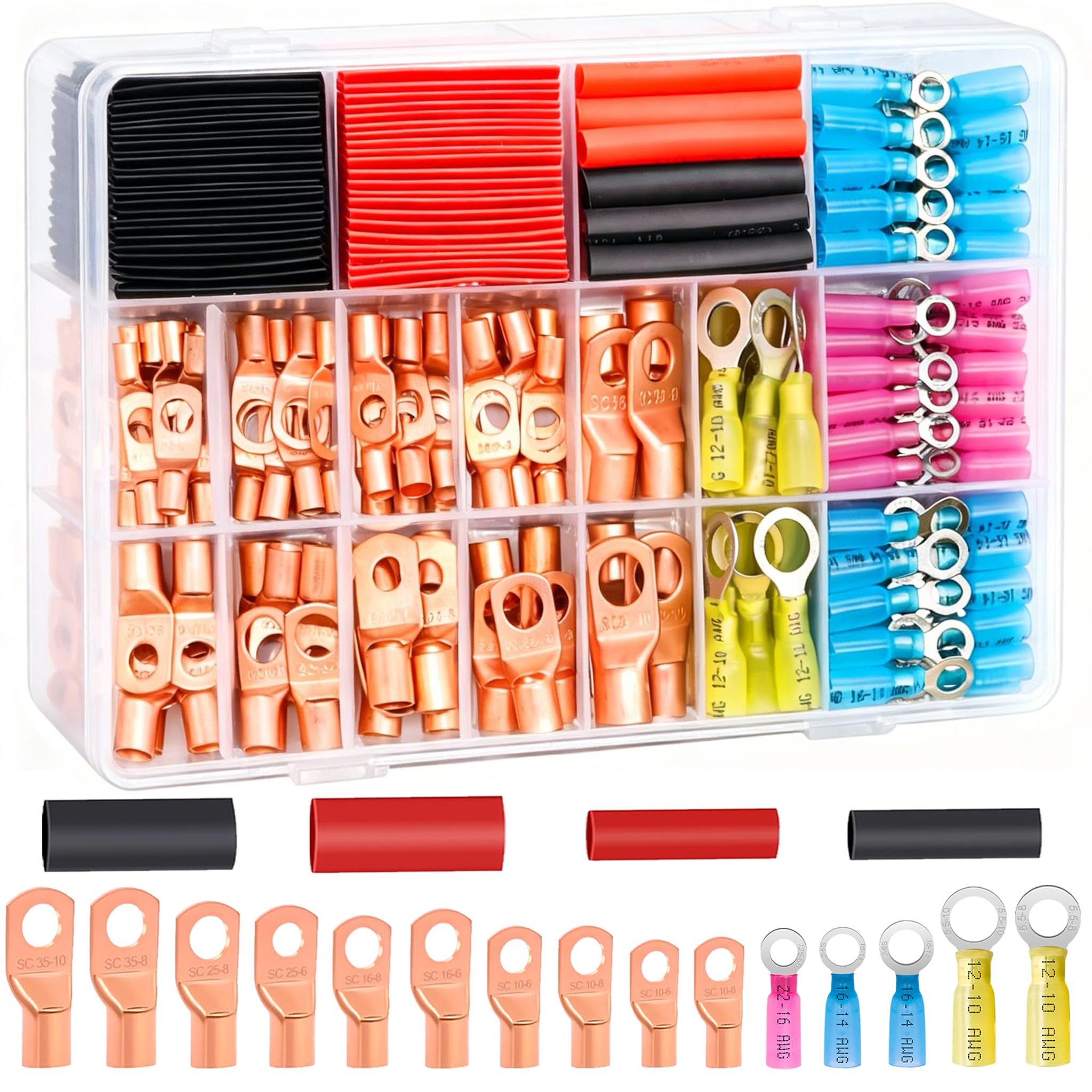 Twidec/180PCS Battery Cable Ends AWG 2 4 6 8 10 12 14 16 Gauge Copper Cable Wire Lugs,Ring Terminals Connectors,Copper Ring Terminals Connectors with Heat Shrink N-105-180PCS