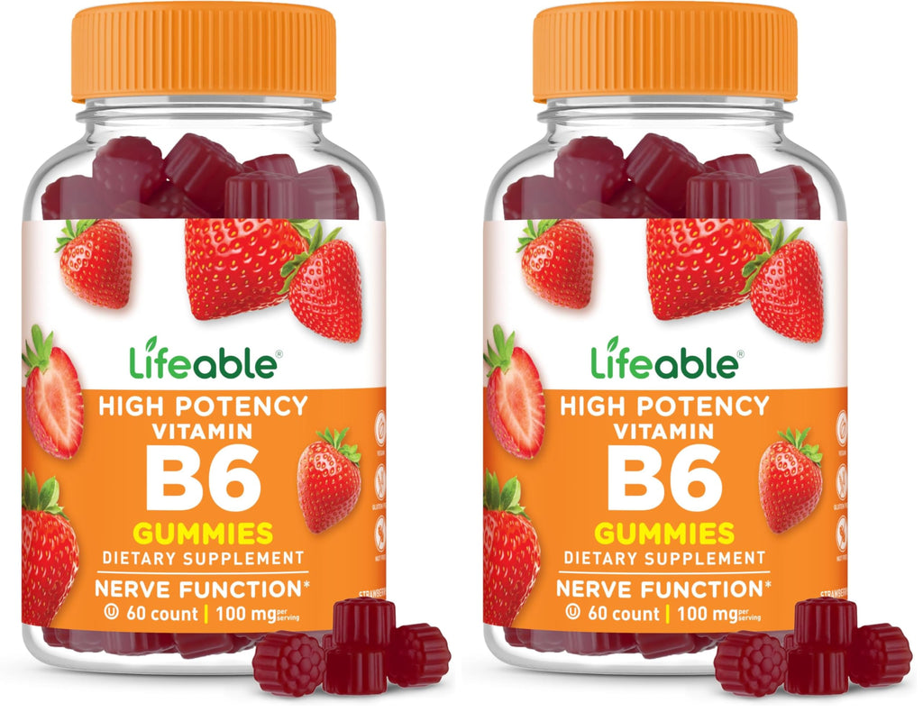 Lifeable Vitamin B6 Gummies | 100mg | Great Tasting VIT B6 Supplement | Vegan B6 Vitamins for Nerve Support Supplement | Vitamin B 6 for Adults, Men, Women | 60 Gummies (Pack of 2)