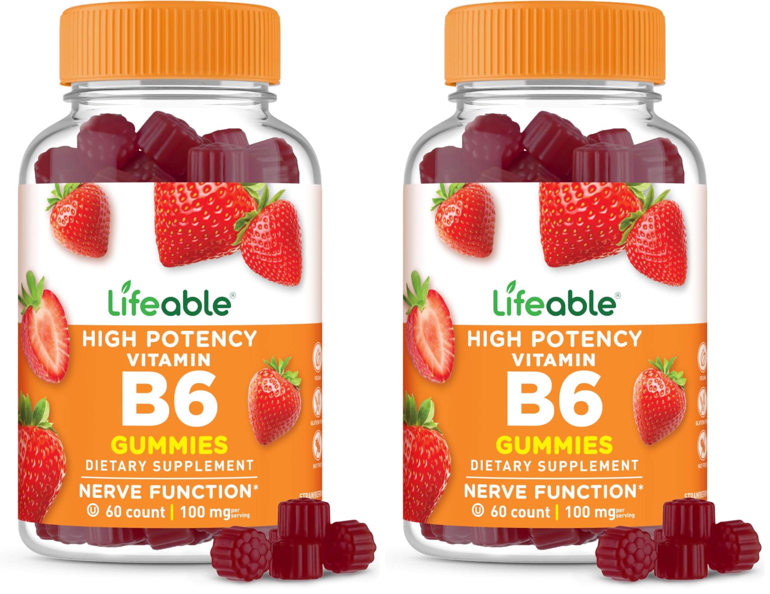 Lifeable Vitamin B6 Gummies | 100mg | Great Tasting VIT B6 Supplement | Vegan B6 Vitamins for Nerve Support Supplement | Vitamin B 6 for Adults, Men, Women | 60 Gummies (Pack of 2)