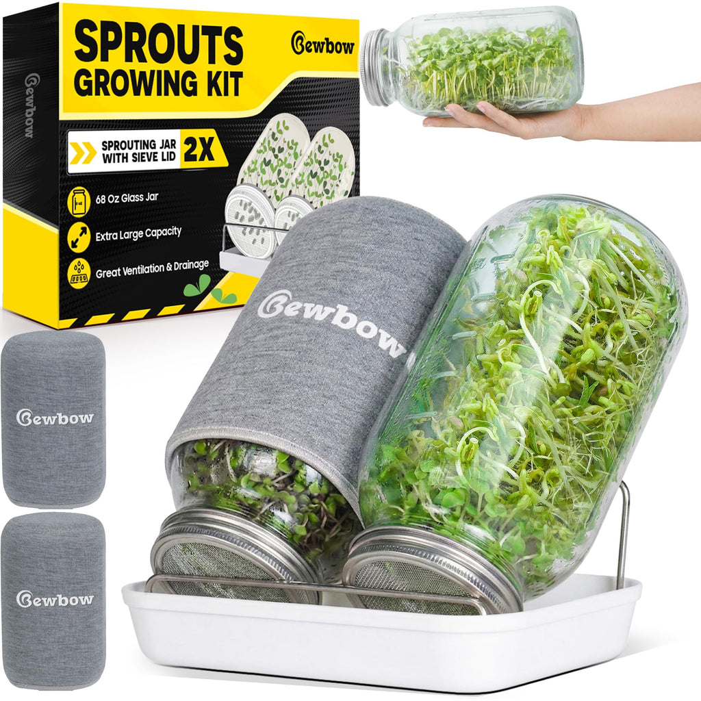 2000ml(68oz) LARGE SIZE Seed Sprouting Mason Jar Kit with Stand, Drain Tray