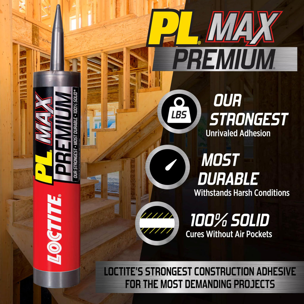 Loctite PL Premium Max Construction Adhesive, 9 fl oz Cartridge, 6 Pack - Versatile Construction Glue for Wood, Concrete, Stone & More