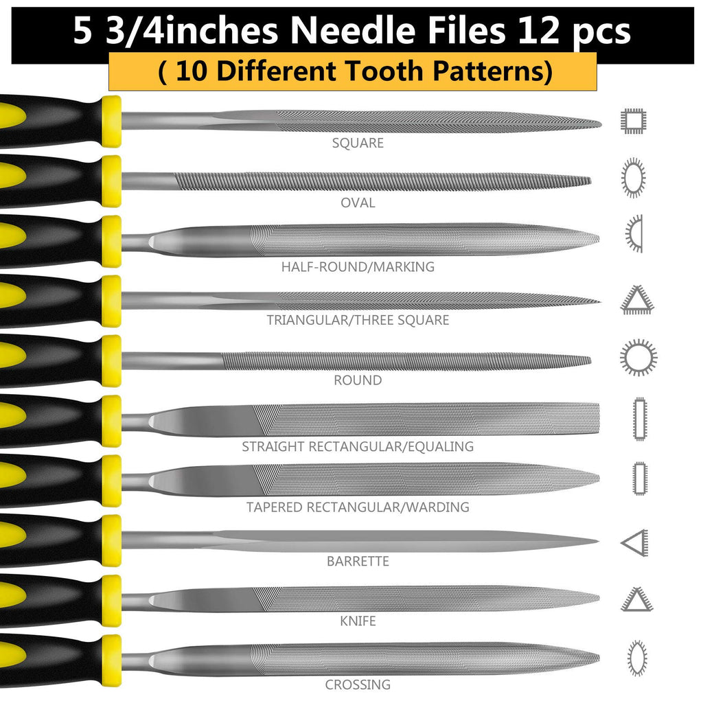 kapoua Metal File Set, Large Flat File/Half-Round File/Triangle File/Round File and 12 pcs Needle Files with Storage Bag and Steel Brush for Woodwork, Metal, Leather and Plastic