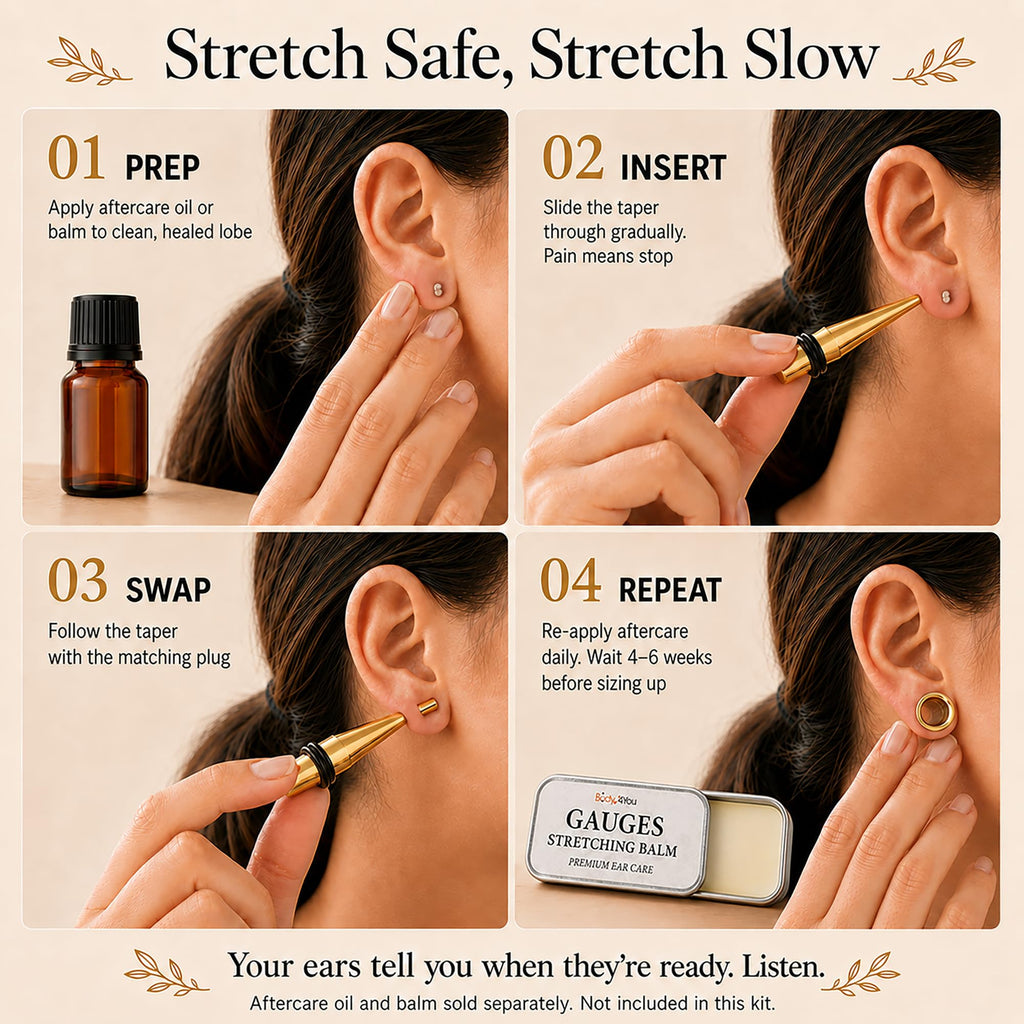 BodyJ4You 36PC Ear Stretching Kit - Complete Beginner Set Gauges for Ears 14G-00G - Goldtone Stainless Steel Tapers Single Flare Plugs Tunnels - Dead Stretching Lobe Men Women Expander Piercing