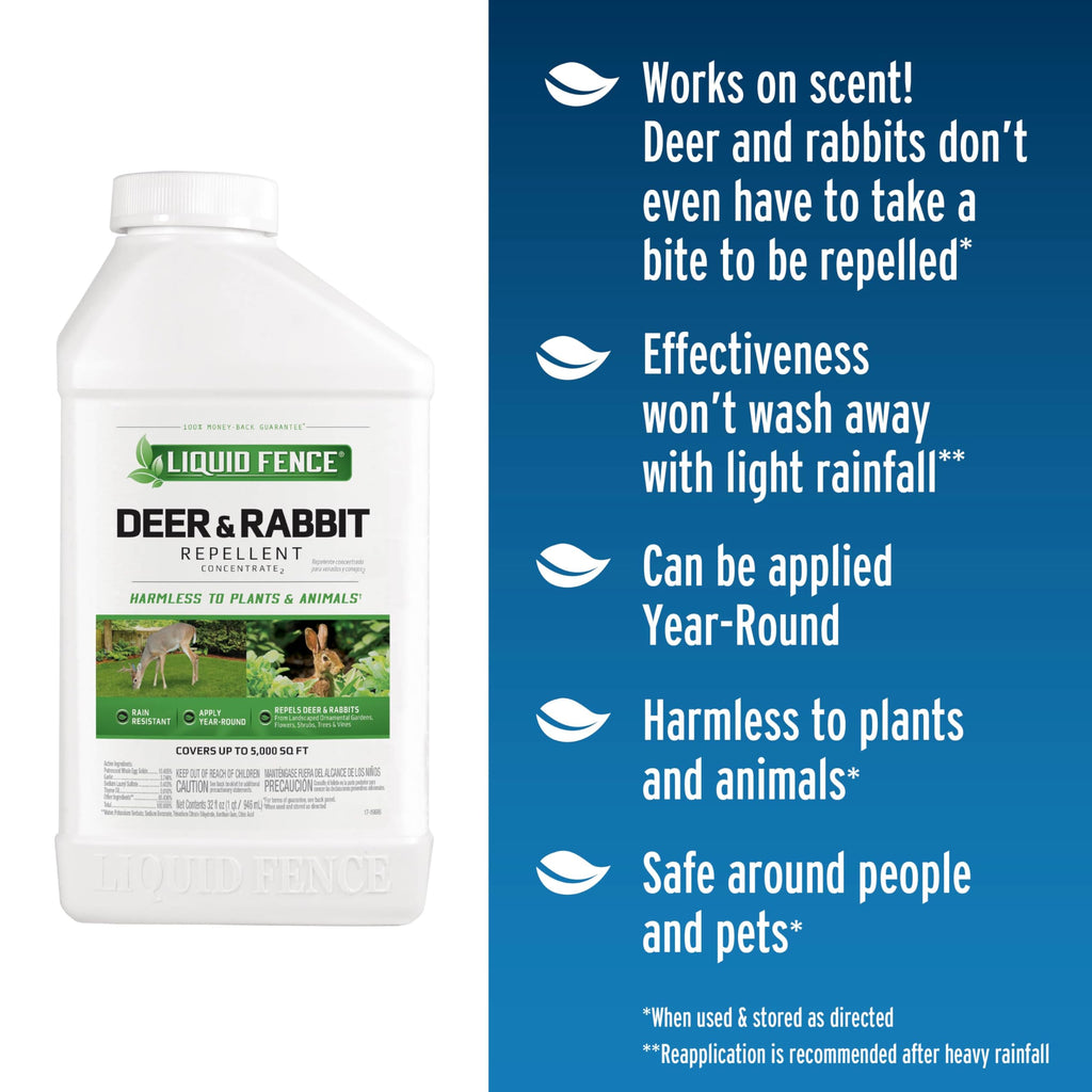 Liquid Fence Deer And Rabbit Repellent Concentrate 32 Ounces, Apply Year-Round