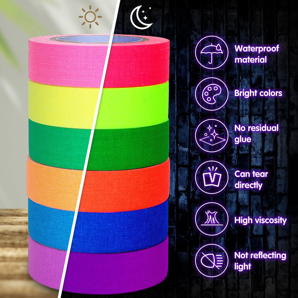 Whaline 6 Colors Neon Gaffer Cloth Tape, Fluorescent UV Blacklight Tape for UV Party (0.6 inch x 16.5 feet)