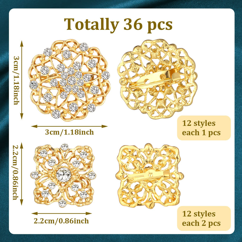 36 Pieces Clear Rhinestone Brooches for Crafts Crystal Flower Brooch Pins with Rhinestones silver Bulk Brooches Jewelry for Woman Flower Lapel Badge Pins DIY Wedding Bouquet Broaches Kit (Gold)