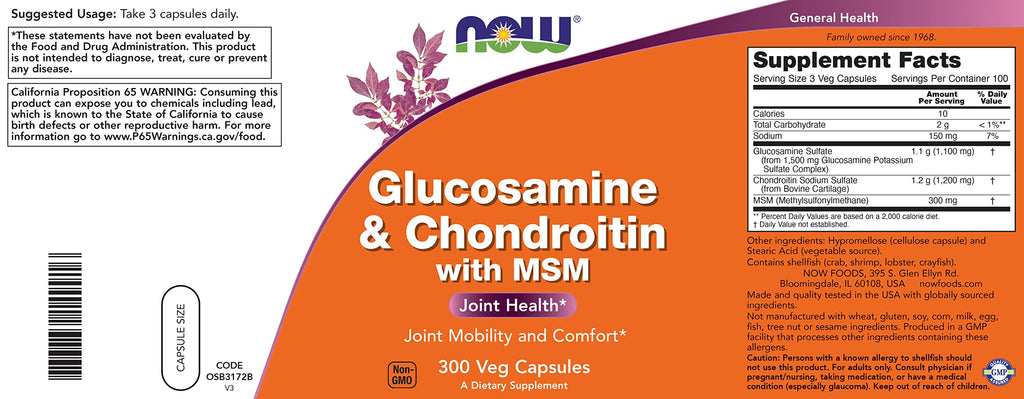 Now Glucosamine & Chondroitin with MSM, 300 Capsules (Pack of 2)