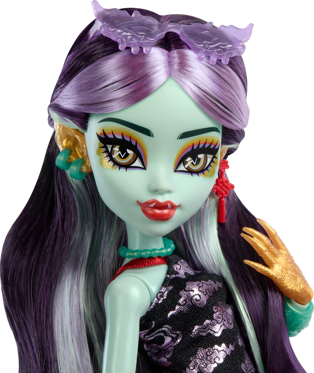 Monster High Jinafire Long Doll, Dragon with Pet Dog Cloudy “Yun Yun” and 7 Accessories Like Sketch Pad, Yogurt Drink, Backpack and More