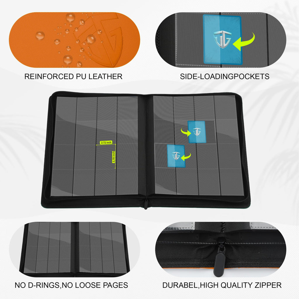 TCGUARD 16 Pockets Trading Card Zipper Binder for 1000+ Cards| Secure Side Loading Pockets | Trading Card Album Folder | Compatible with YuGiOh, MTG,Sports Cards (Orange 16)