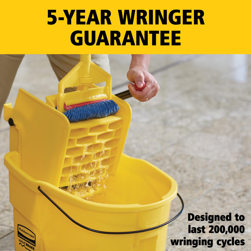 Rubbermaid Commercial Products WaveBrake 35 Qt. Side-Press Mop Bucket and Wringer Combo on Wheels Yellow for Professional/Industrial/Business Heavy-Duty Floor Cleaning/Mopping