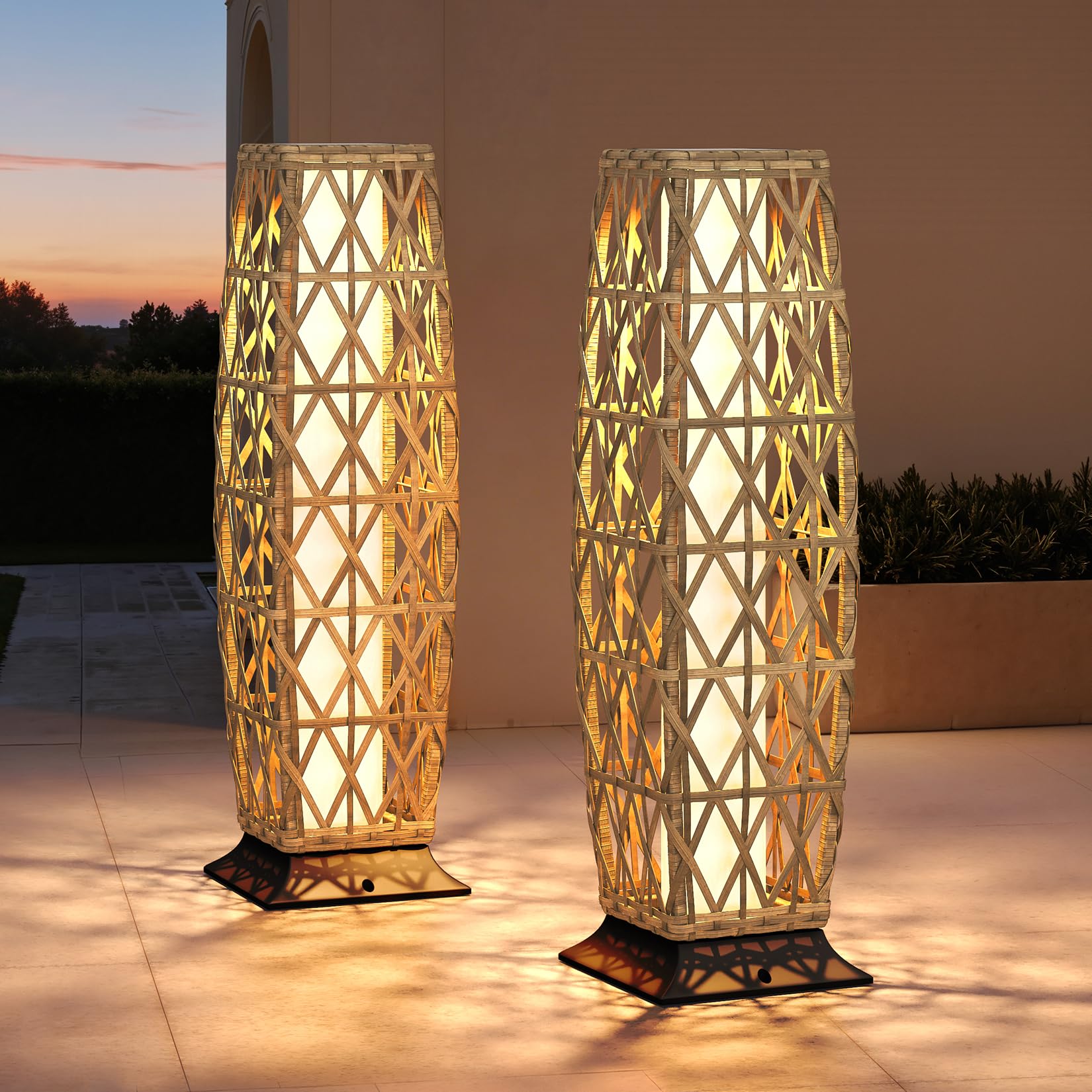 Grand patio 2-Piece Outdoor Floor Lamp Solar Lantern, Water-Resistant Wicker Boho Patio Light with 50/100 Lumens Dual Brightness & Memory Mode for Garden Porch Deck Decor, Large Cindy Natural