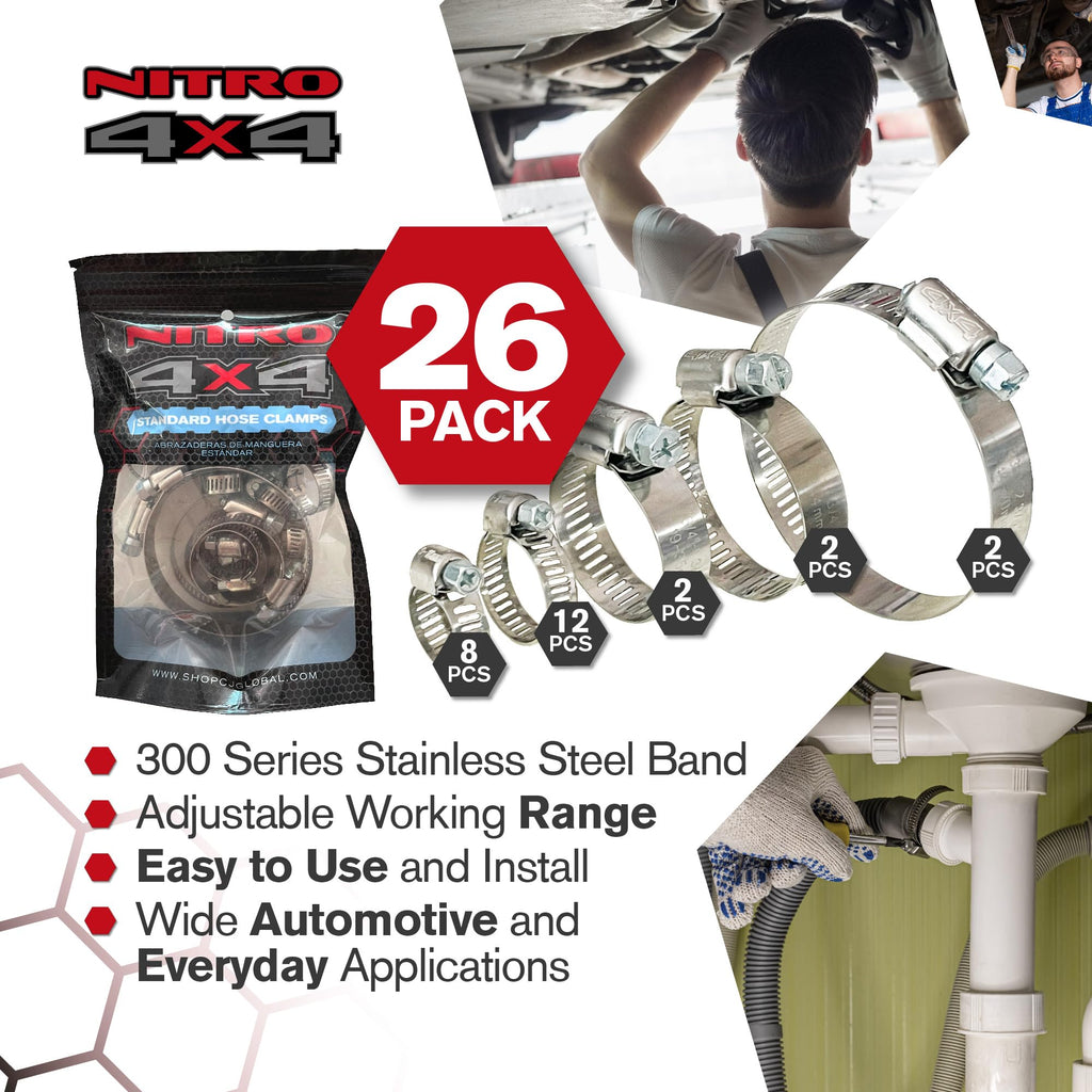 NITRO4X4 Stainless Steel Hose Clamps Set - 26 Pack Adjustable Hose Clamp (1/4 to 2-3/4 Inch, 6-70mm) - Heavy Duty Radiator Hose Clamps for Fuel Line, Plumbing, Automotive, and Mechanical Applications