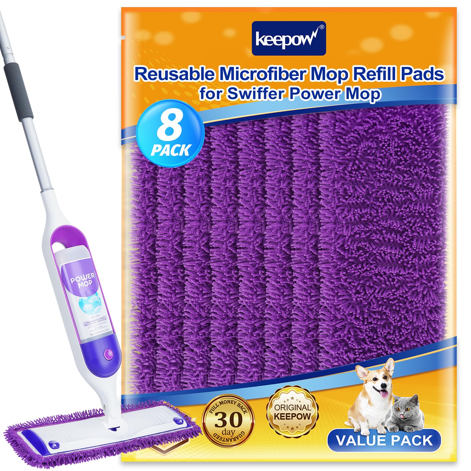 KEEPOW Reusable Power Mop Refills Pads Compatible with Swiffer PowerMop Mop - Power Mop Pads Refill - Washable Microfiber Pads for Multi-Surface Floor Cleaning, 8Pack