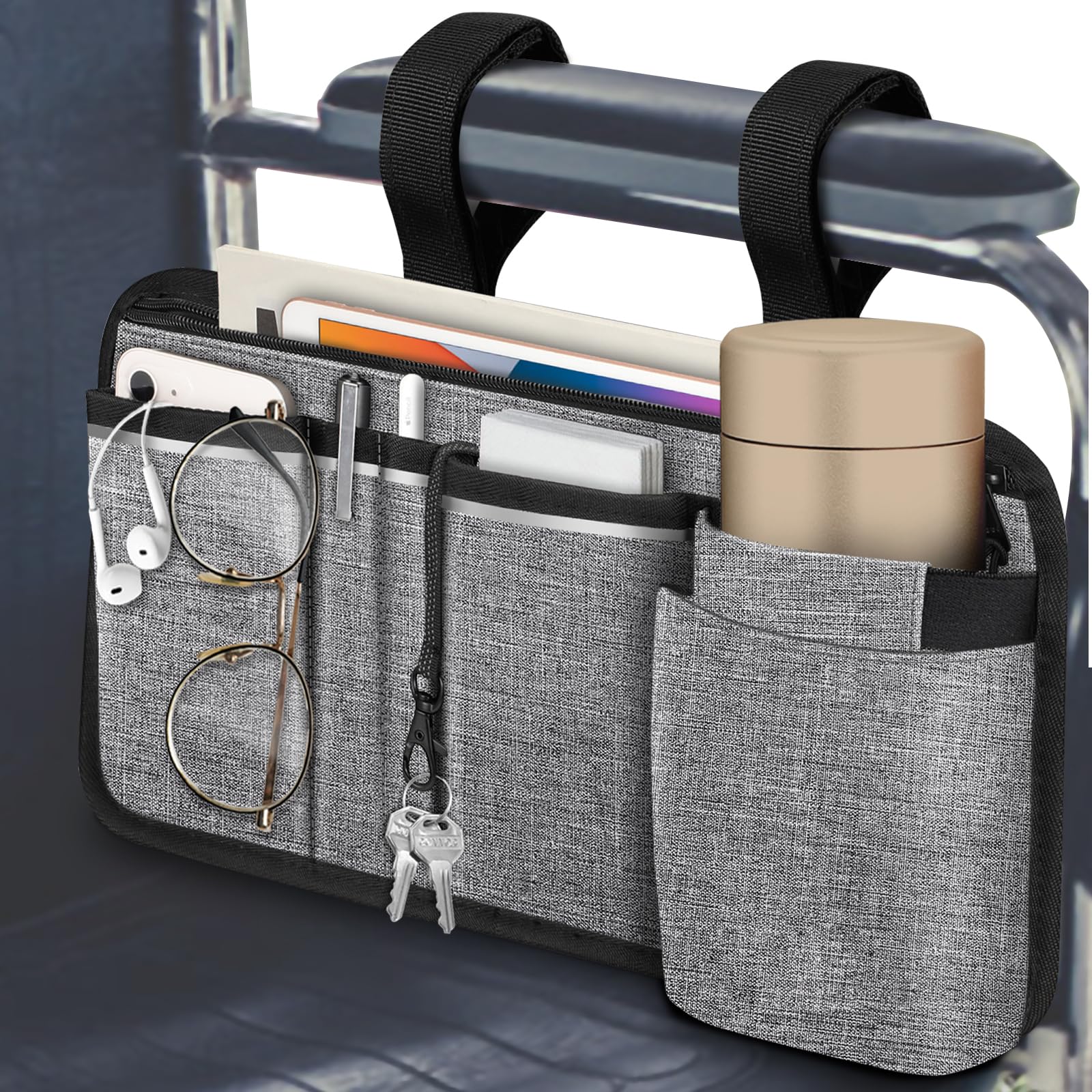 FINPAC Wheelchair Side Storage Bag w/Cup Holder, Wheelchair Armrest Accessories Pouch with Pen Slot and Reflective Strips for Power Walkers, Rollators, Seniors - Gray