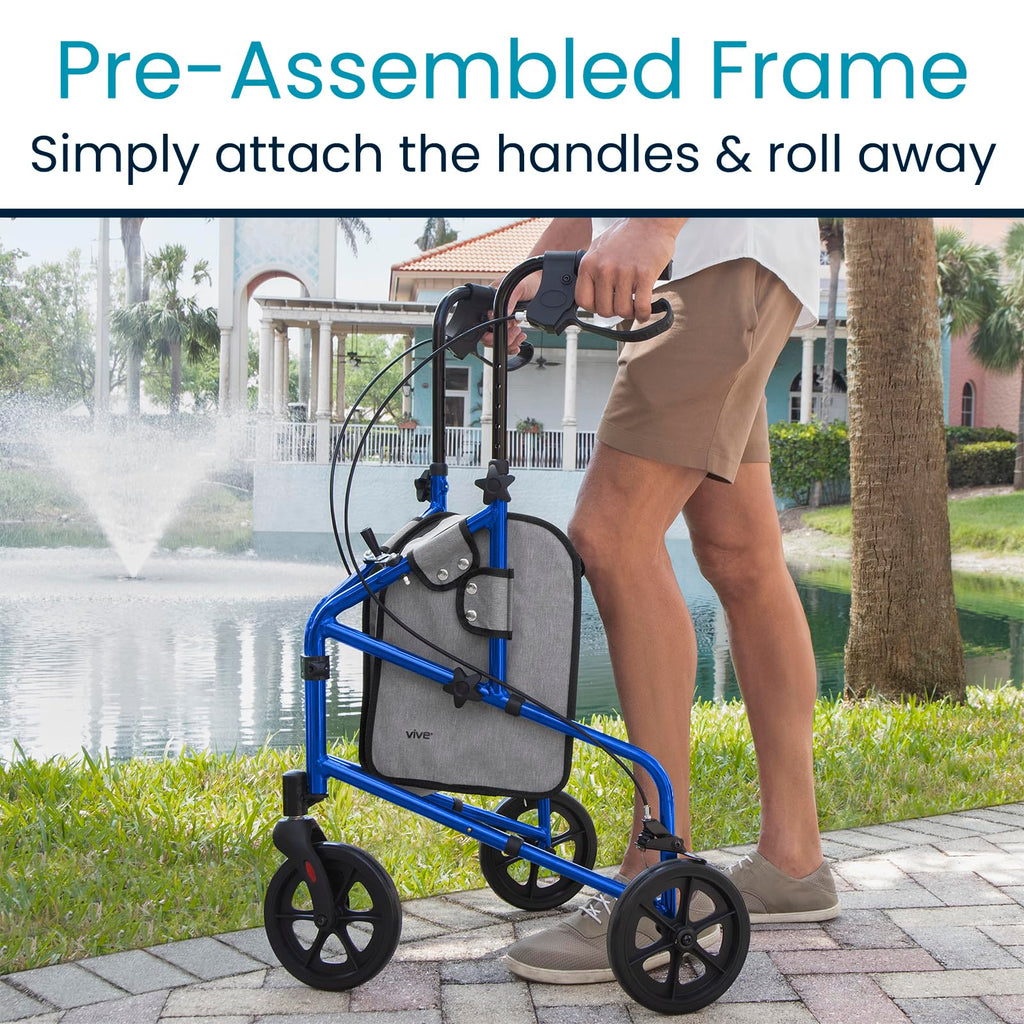 Vive Mobility 3 Wheel Walker - Three Wheeled Rollator for Seniors - Lightweight, Foldable, Narrow, Heavy Duty - for Elderly Men Women - Folding 3-Wheel Tri Scooter with Basket Bag