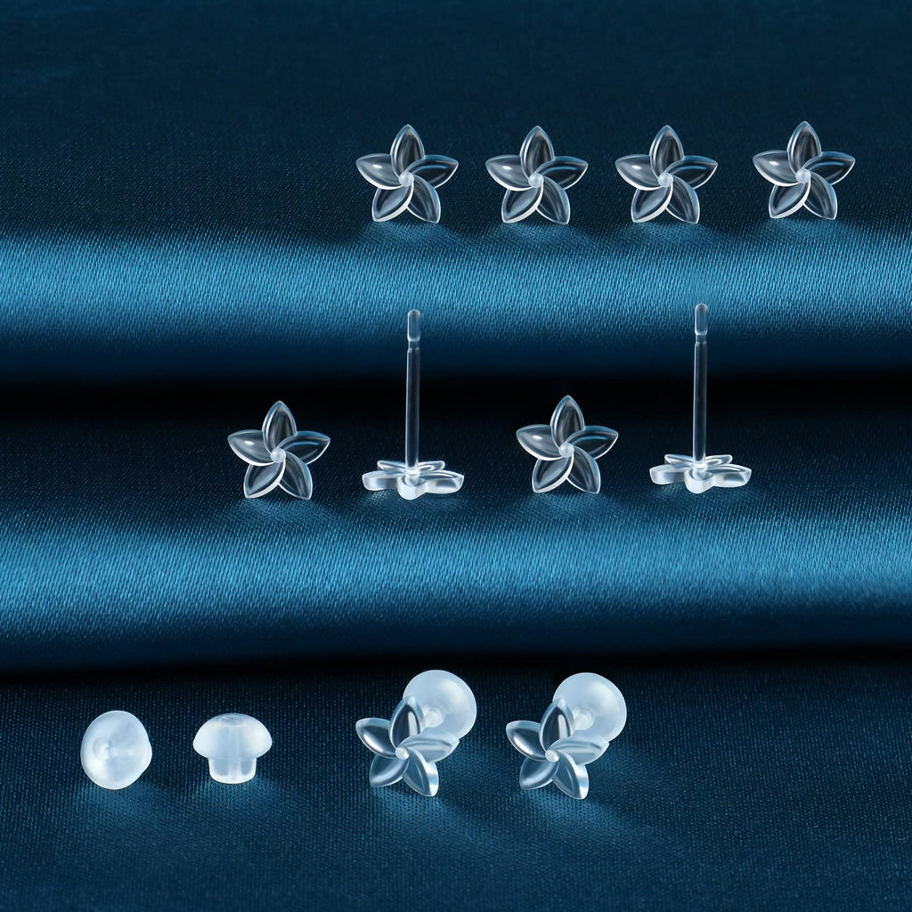 MRI Safe Clear Plastic Earrings for Surgery & Sports, Hypoallergenic Medical Grade Earrings for Sensitive Ears, 20G Silicone Retainer Studs for Women Men - 6 Pairs (Plumeria Flower Design)