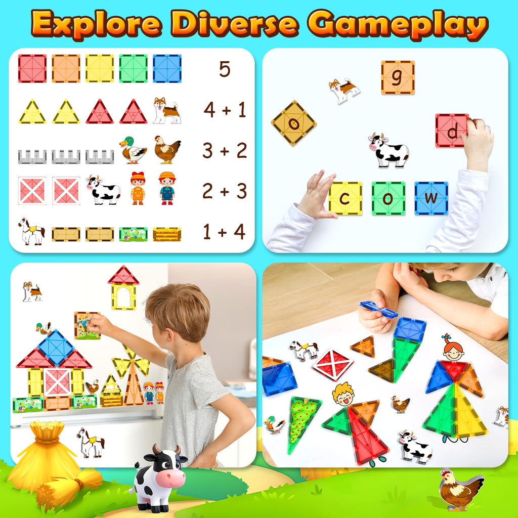 Magnetic Tiles Toys with Farm Animals for 3+ Year Old Toddler, Magnetic Blocks Building Toys for Kids Ages 3-5 5-7 Girls Boys, Classroom Must Haves