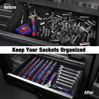 WORKPRO Magnetic Socket Organizer Set, 3-Piece Aluminum Alloy Socket Rail, Heavy Duty Socket Holder, Socket Rack Kit 1/4-Inch x 12 Clips, 3/8-Inch x 10 Clips, 1/2-Inch x 10 Clips (Blue)