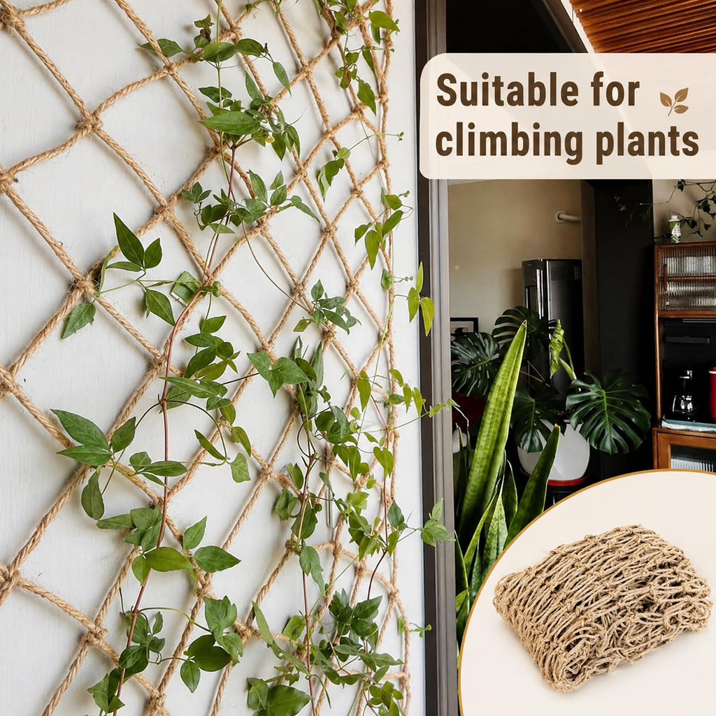 Jute Trellis Netting for Climbing Plants, Heavy Duty Jute Plant Support Net Natural Jute Hemp Rope Net with 5.9 inch Mesh for Climbing Vine Vegetables Cucumber, Tomatoes, Peas (6.5 * 16.5 FT)