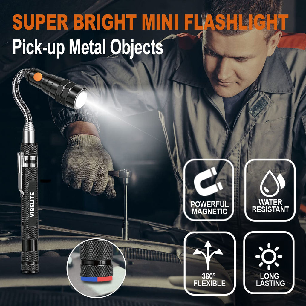 Telescoping Magnetic Pick Up Tool with 1lb& 15lb Pickup Rod, Round& Square 360 Swivel Adjustable Inspection Mirror, Flexible LED Flashlight, Fathers Day Dad Gifts, Birthday Gifts for Men Women Him