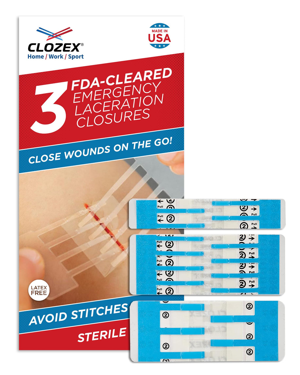 Clozex Emergency Laceration Closures - Repair Wounds Without Stitches, Skin Closure Device for 3 Individual Wounds Or Combine for Total Length of 4 1/4 Inches