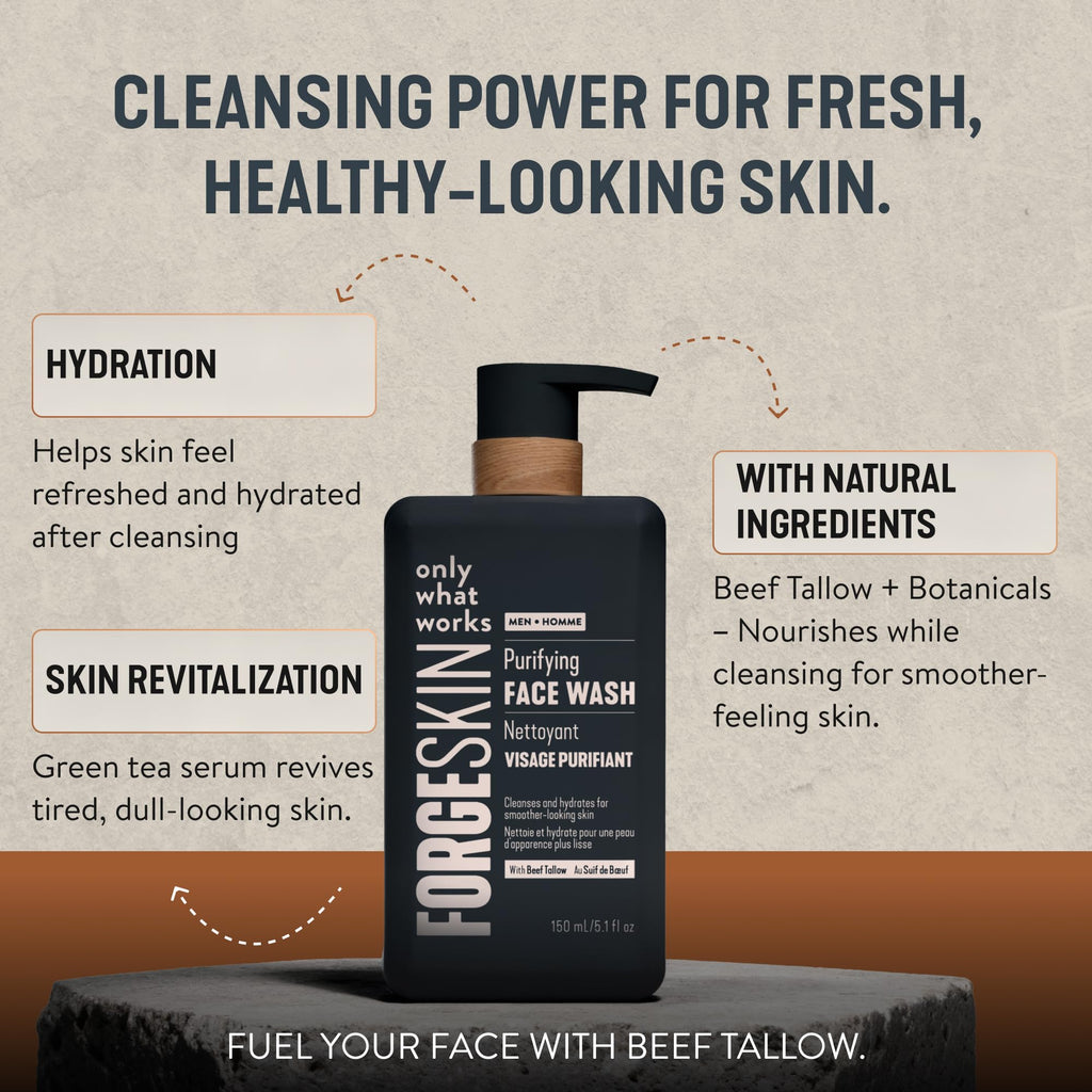 FORGE SKIN® Beef Tallow Face Wash for Men [TALLOW-BASED] - Morning Nourishing Hydrating Facial Cleanser - Gentle Cleansing Moisturizer for Hydration - Exfoliating Facial Skincare for Clean Skin (5 OZ)