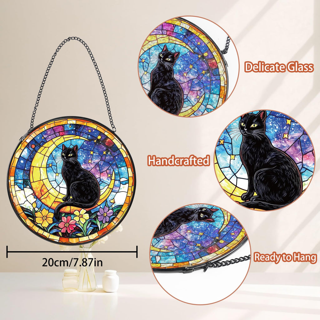 Black Cat Stained Glass Window Hanging, Cat Gifts for Women Moon and Stars Suncatcher with Metal Chain and Hooks, Sun Catcher Glass Art for Indoor Window Decor