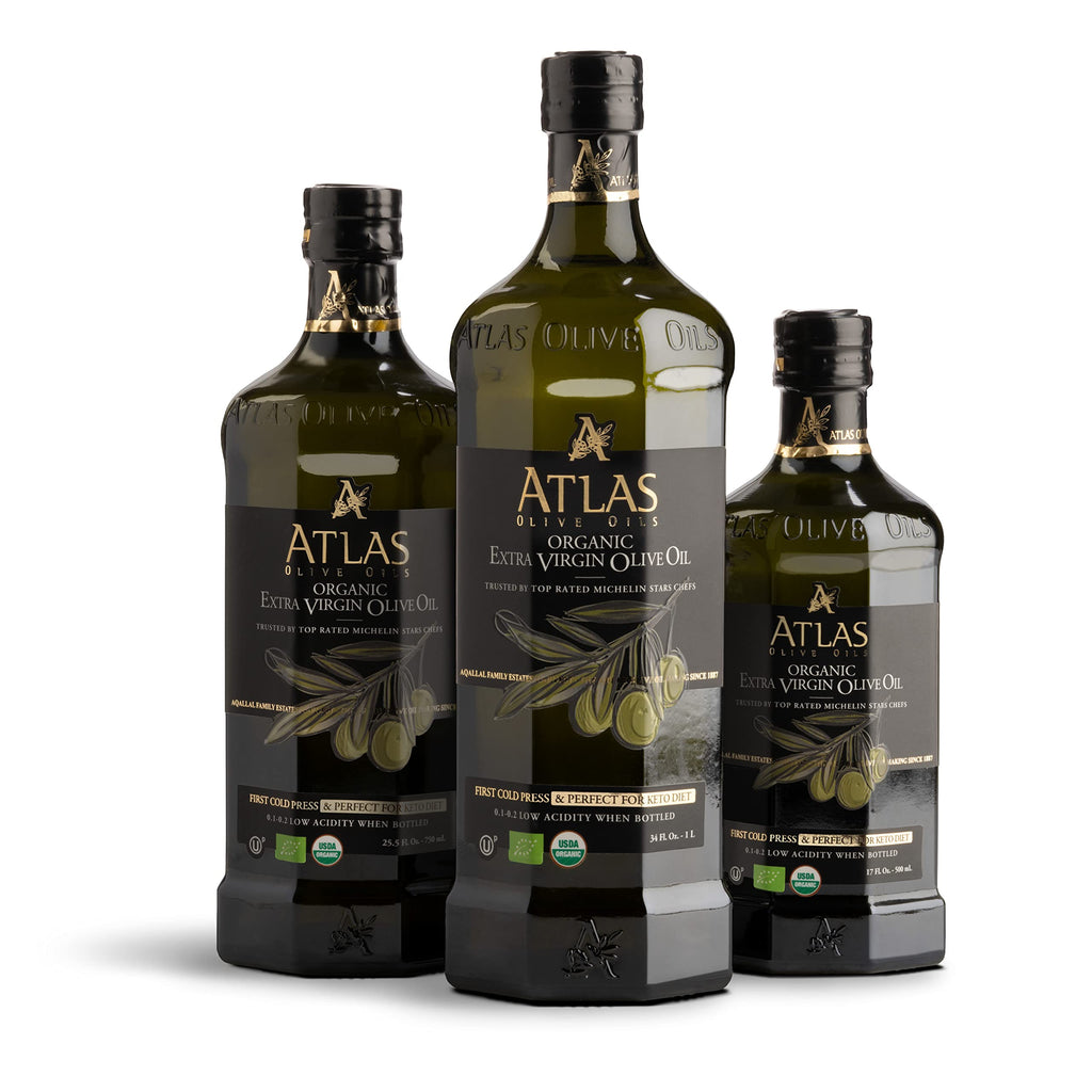 A ATLAS OLIVE OILS Organic Cold Press Extra Virgin Olive Oil with Polyphenol Rich, Newly Harvested Unprocessed from One Single Family Farm Cold Press Ext. Virgin 34 Fl Oz (Pack of 1)