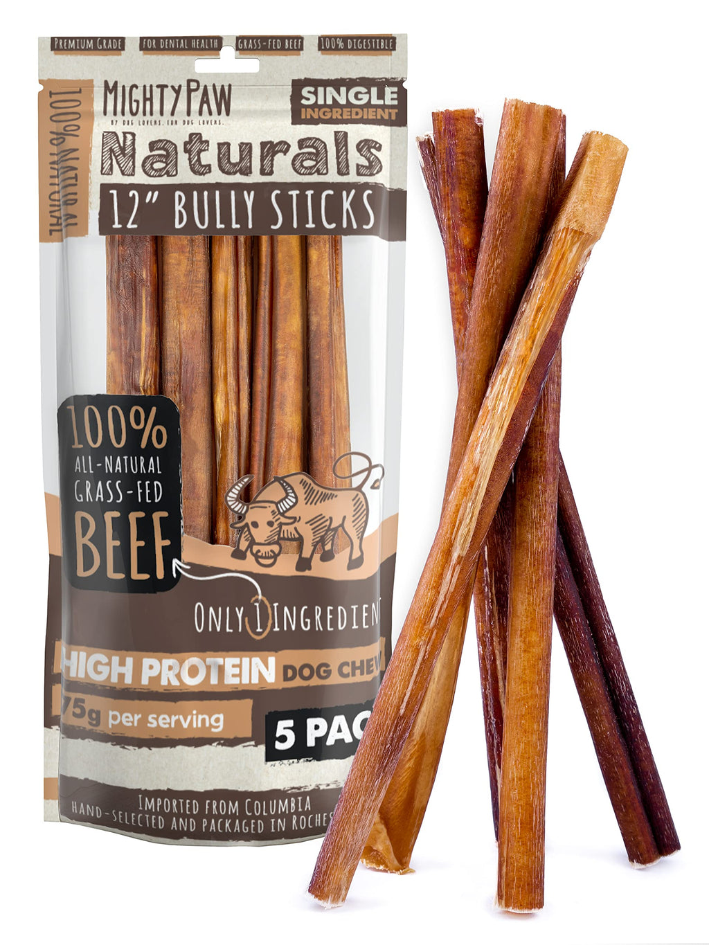 Mighty Paw 12" Bully Sticks for Dogs - Large, Medium and Small Dog Chew