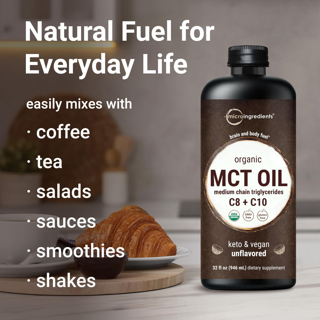 MCT Oil Organic, 32 fl oz |100% Virgin Coconut with C8 + C10 Fatty Acids | Great for Coffee or Dressings | Unflavored, Keto, Vegan