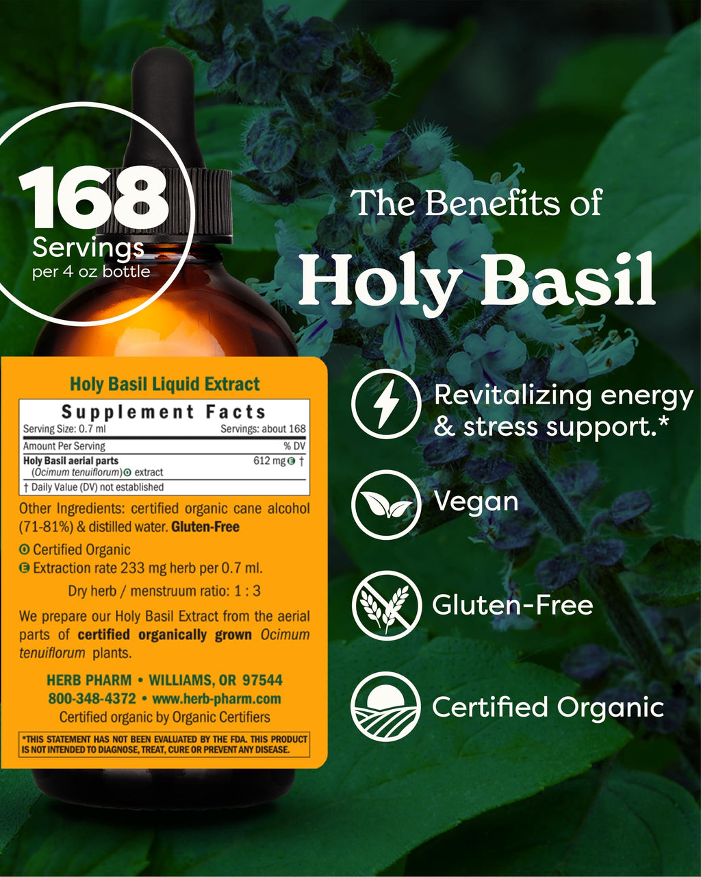 Herb Pharm Certified Organic Holy (Tulsi) Liquid Extract for Energy and Vitality Basil, 4 Fl Oz