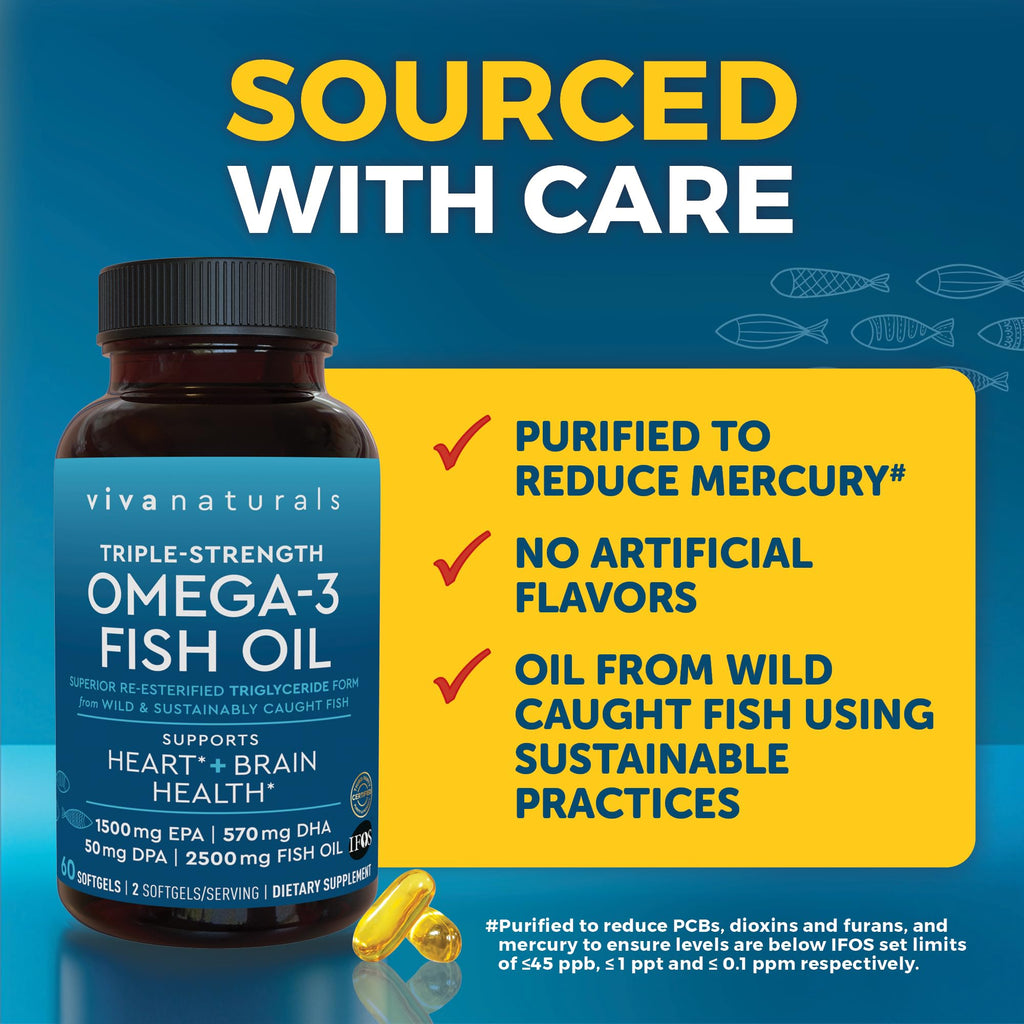Viva Naturals Omega-3 Fish Oil, Triple Strength, 2500 mg, 60 Softgels – Re-Esterified Omega 3 Fatty Acids Including EPA, DHA, DPA - Pascatarian-Friendly