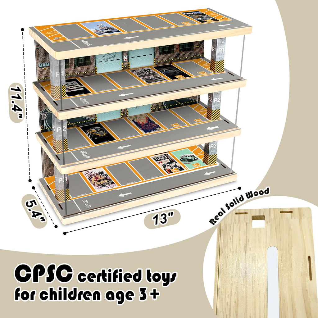 Storage Display Garage Compatible with Hot Wheels - Toy Car Garage with Lights, Freestanding Display Case, Parking Garage Diorama for 1/64 Scale Diecast Cars with 4 Levels 24 Spots Maximum 40 Cars