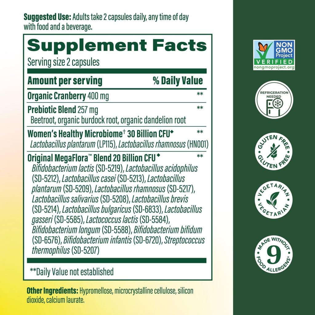 MegaFood MegaFlora Probiotics and Prebiotics for Women with 14 Strains & 50 Billion CFUs, Cranberry, Digestive Health, Vegetarian, Prebiotics and Probiotics for Women - 60 Capsules (30 Servings)