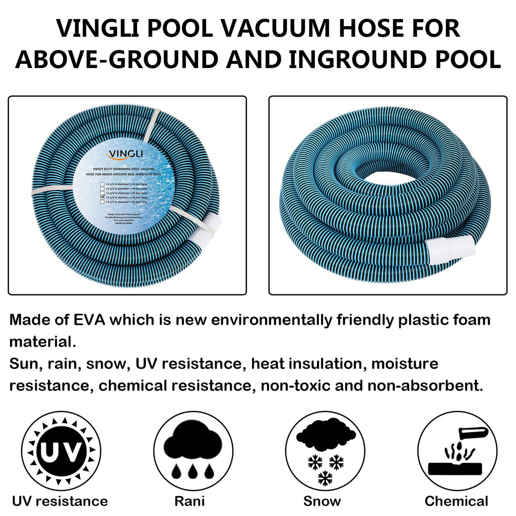 VINGLI 1-1/2-Inch by 50-Feet Blue Swimming Pool Vacuum Hose for Inground and Above-Ground Pools