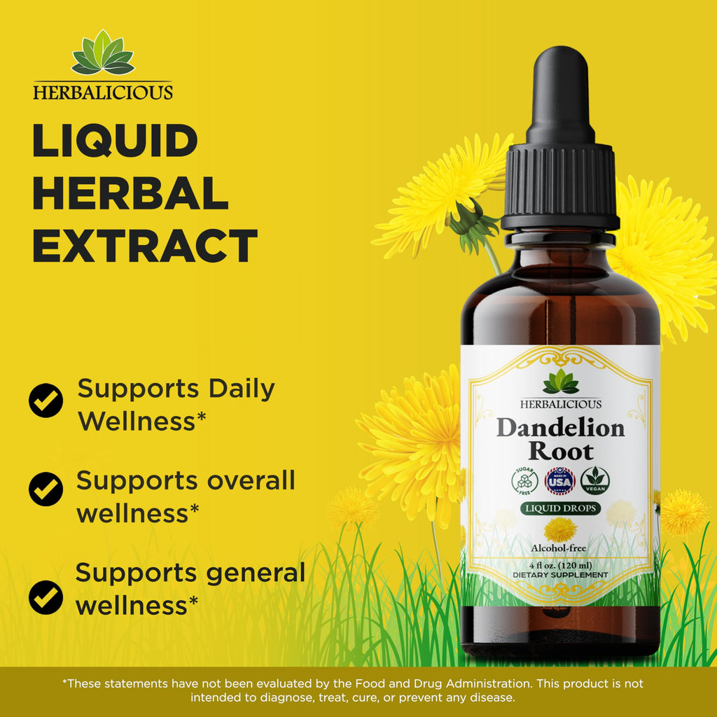 HERBALICIOUS Dandelion Root Extract Liquid Drops 4 oz (Alcohol Free) – Organic Dandelion Root Extract 650mg per Serving, Easy-to-Use Liquid Tincture with Vegetable Glycerin, 168 Servings