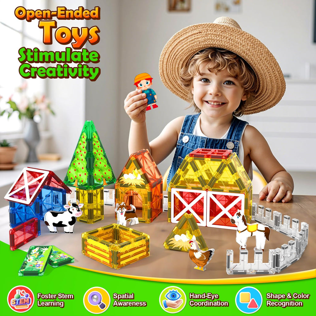 Magnetic Tiles Toys with Farm Animals for 3+ Year Old Toddler, Magnetic Blocks Building Toys for Kids Ages 3-5 5-7 Girls Boys, Classroom Must Haves