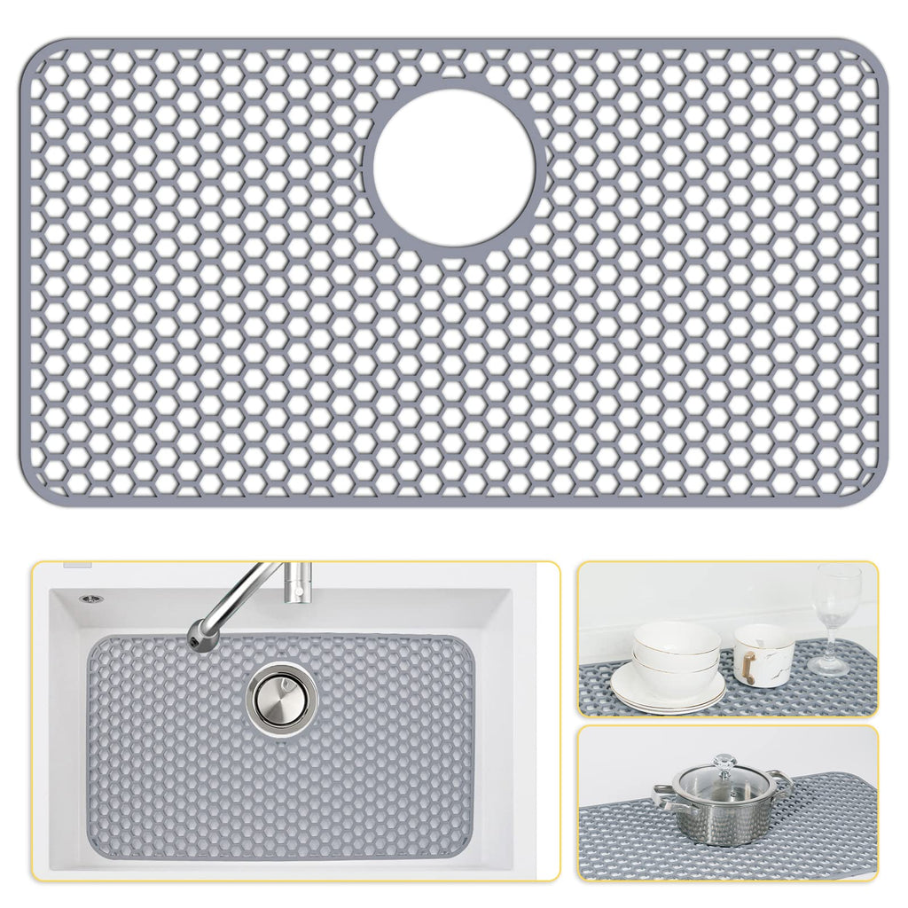 Bestjing Silicone Sink Protectors for Kitchen Sink with Rear Drain - 26"x 14" Kitchen Protector Accessory, Non-Slip Heat Resistant Grid Mat for Bottom of Farmhous Peorcelain Stainless Steel(Rear Hole)