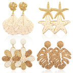 Nosiny 4 Pairs Rattan Earrings Beach Handmade Raffia Earrings Set for Women Bohemian Statement Earring Drop Dangle Summer Starfish Shell Monstera Daisy Flower Jewelry for Party Wedding Daily Travel