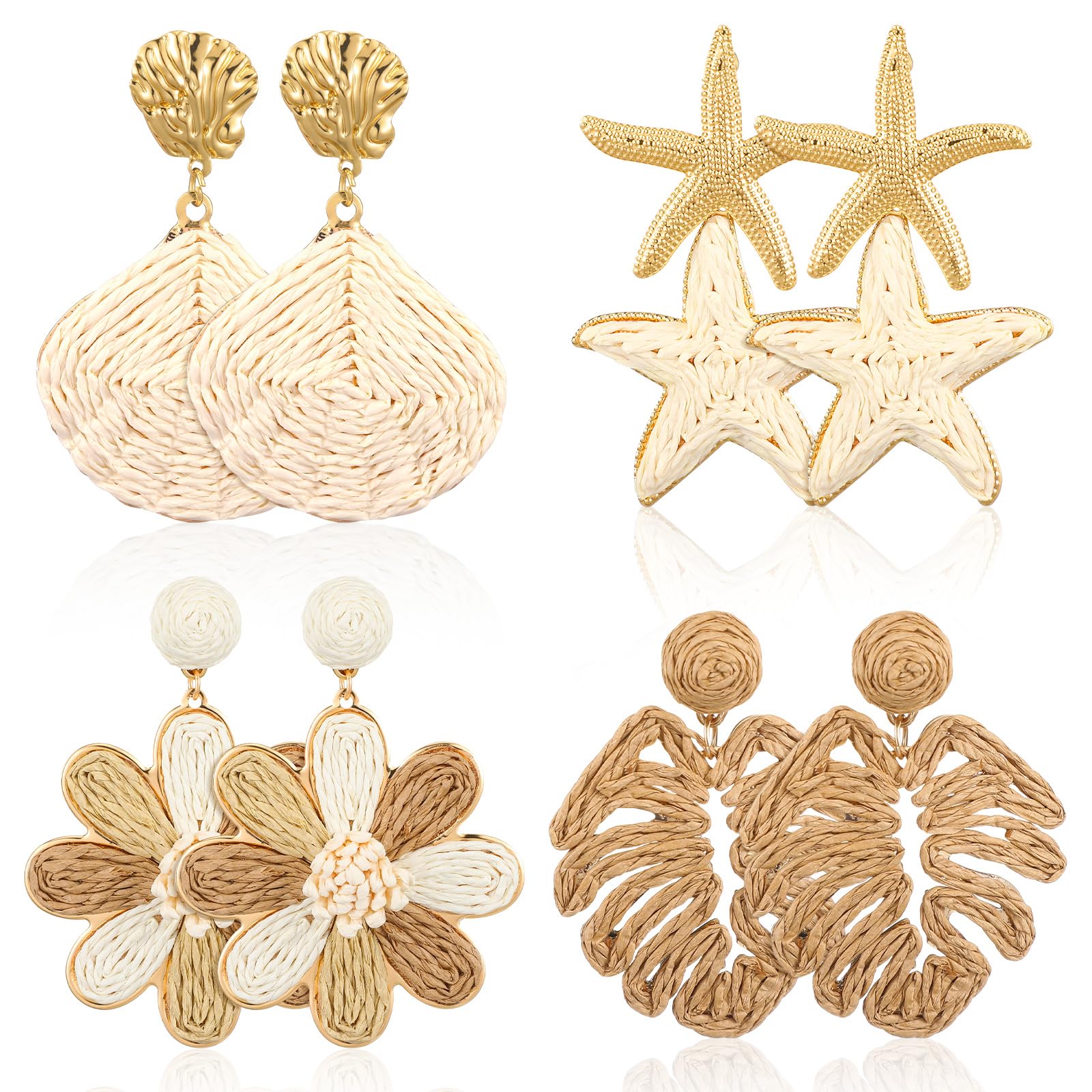 Nosiny 4 Pairs Rattan Earrings Beach Handmade Raffia Earrings Set for Women Bohemian Statement Earring Drop Dangle Summer Starfish Shell Monstera Daisy Flower Jewelry for Party Wedding Daily Travel