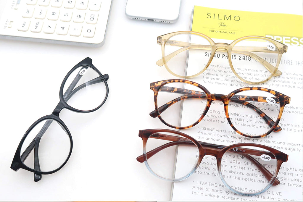 MODFANS Women Reading Glasses 4Pack Large Round Frame Readers Spring Hinges with 4 Pouch