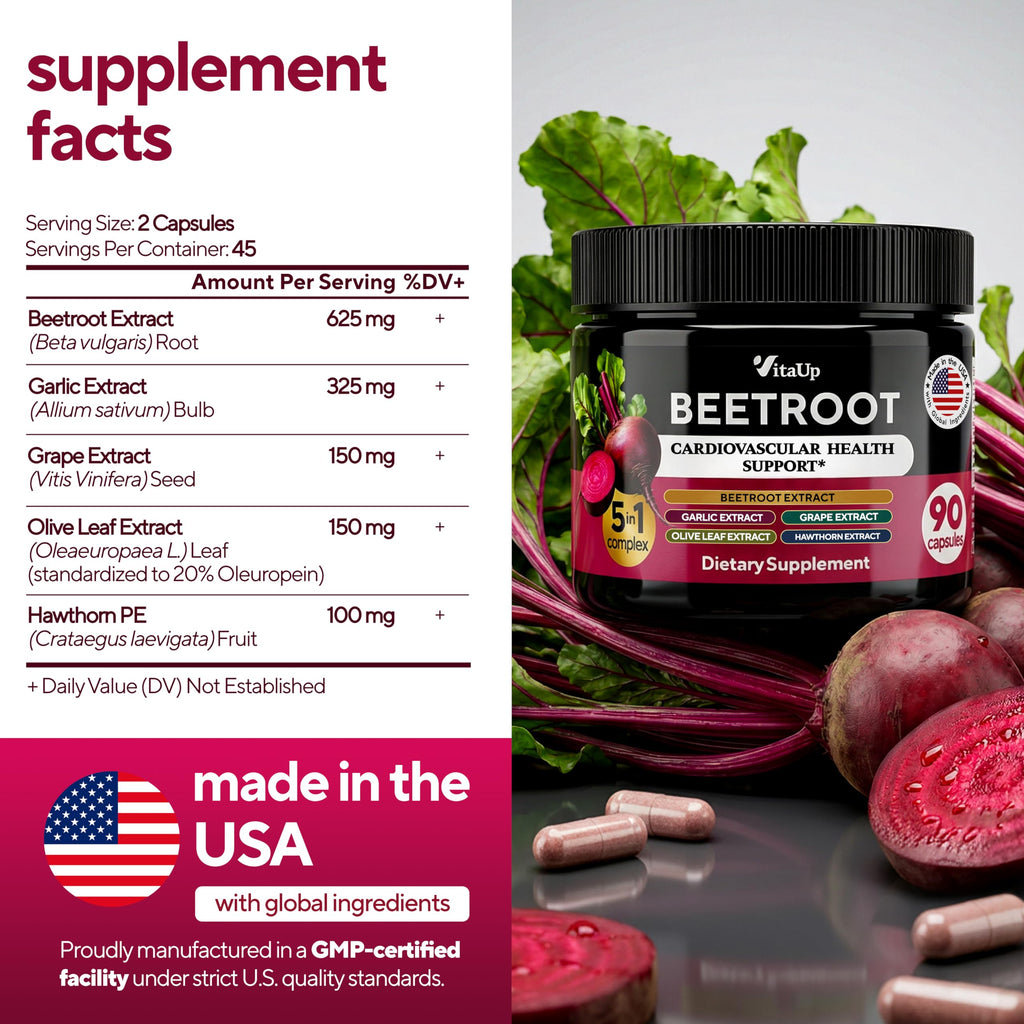 VitaUp Beet Root Capsules - USA Made Beetroot Supplement for Normal Circulation, Nitric Oxide & Heart Support - 5-in-1 Beets with Grape Seed, Garlic Extract, Hawthorn Berry, Olive Leaf - 90 Vegan Caps