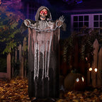 JOYIN Halloween Decorations Outdoor Life Size Animatronics Grim Reaper with Chain, Sound-Actived Party Decor with Creepy Sound, Scary Haunted House Props for Garden Yard Lawn