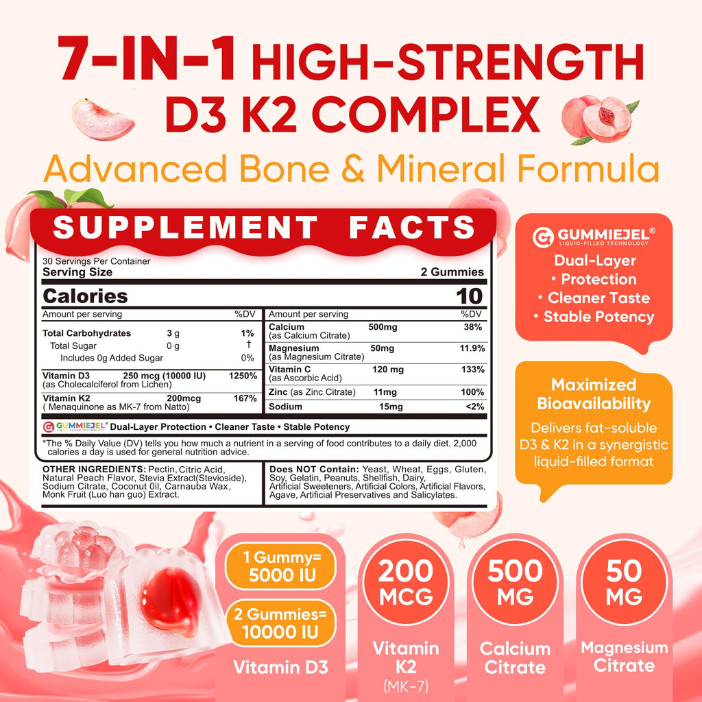 Vitamin D3 K2 Gummies 5000IU / 10,000 IU with 500mg Calcium + K2(MK-7) 200mcg, Magnesium, Vitamin C & Zinc, Extra Strength - Ultimate Absorbency for Bones, Muscles, Teeth, Vegan, 60 Count (Pack of 1)