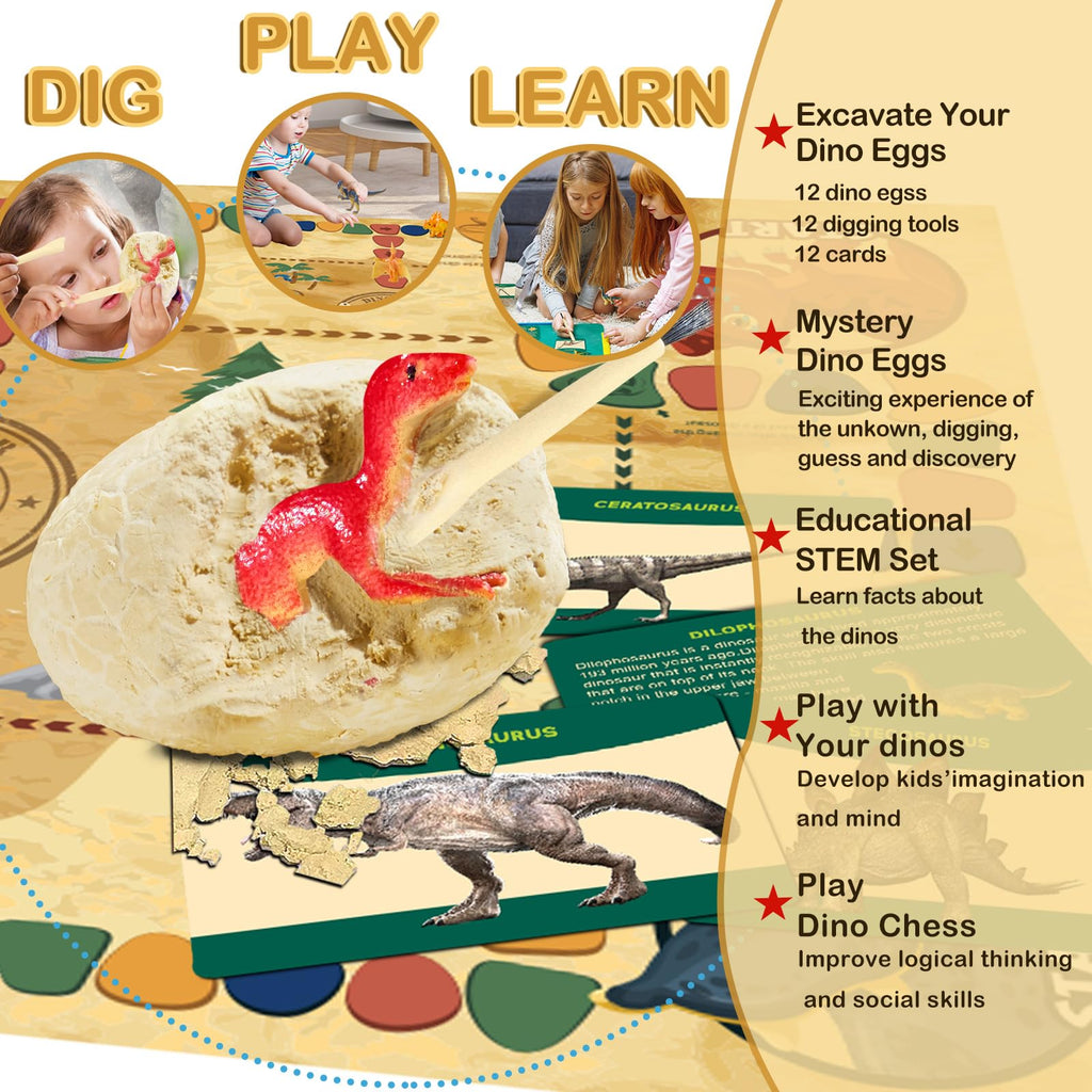 Dino Fossil Eggs Dinosaur Toys - 12 Dinosaur Eggs Dig Excavation Kit w Play Mat for Kids Ages 5-7 Easter Basket Essentials STEM Toy Christmas Birthday Gift for Boys Girls 3 4 5 6 7 8 + 8-13 Years Old
