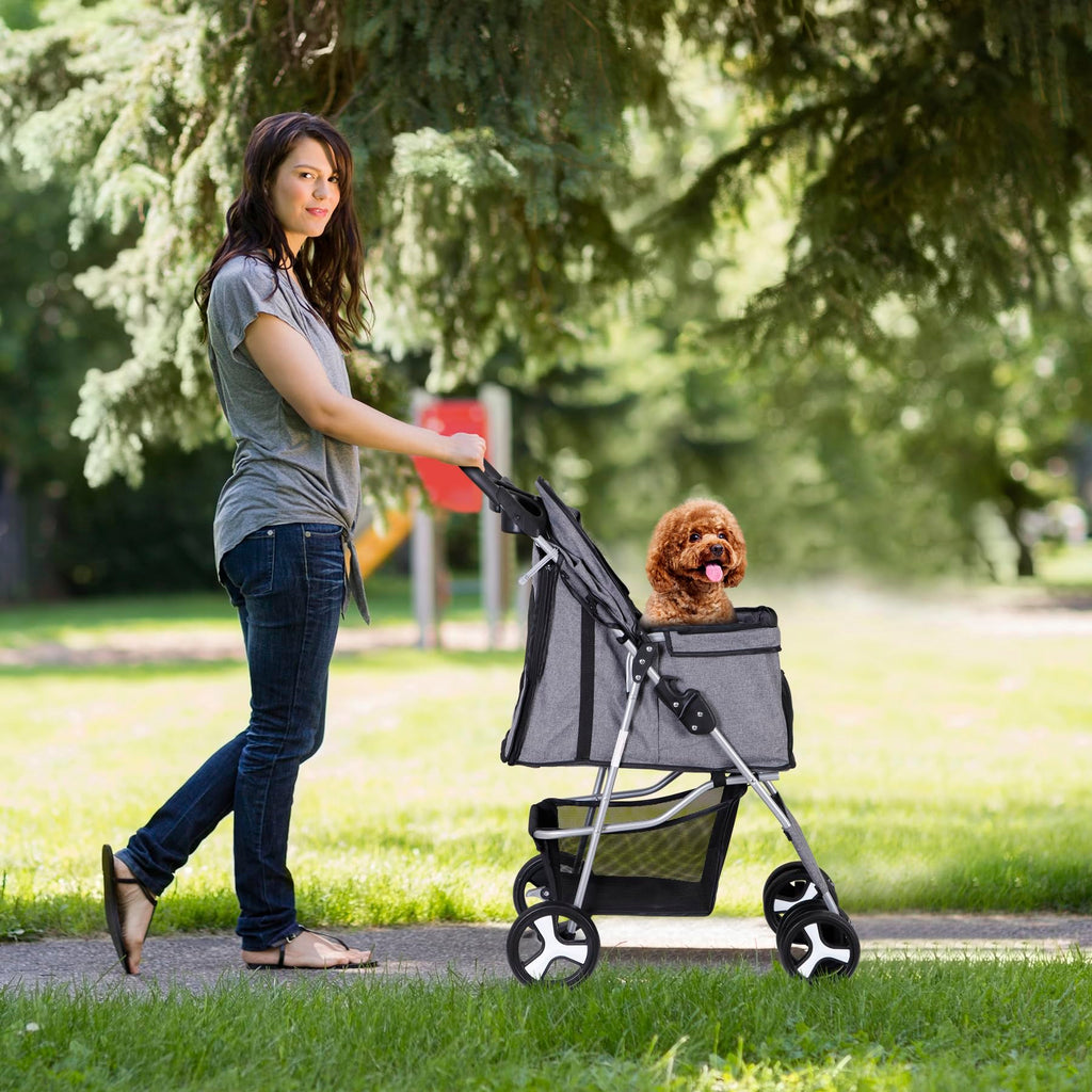 Pet Stroller 4 Wheels Dog Cat Stroller for Small Medium Dog Cats Carrier Jogger Travel Foldable Puppy with Storage Basket and Cup Holder (Grey)