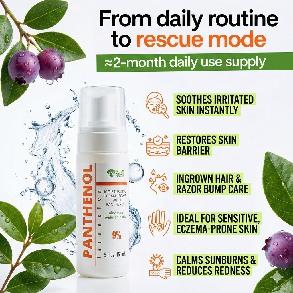 9% Panthenol Foam for Instant Redness Relief - Skin Barrier Repair with Aloe Vera & Hyaluronic Acid | Post Acne, Procedures, After Tattoo Care & Hair Transplant Spray | Safe for Baby & Sensitive Skin