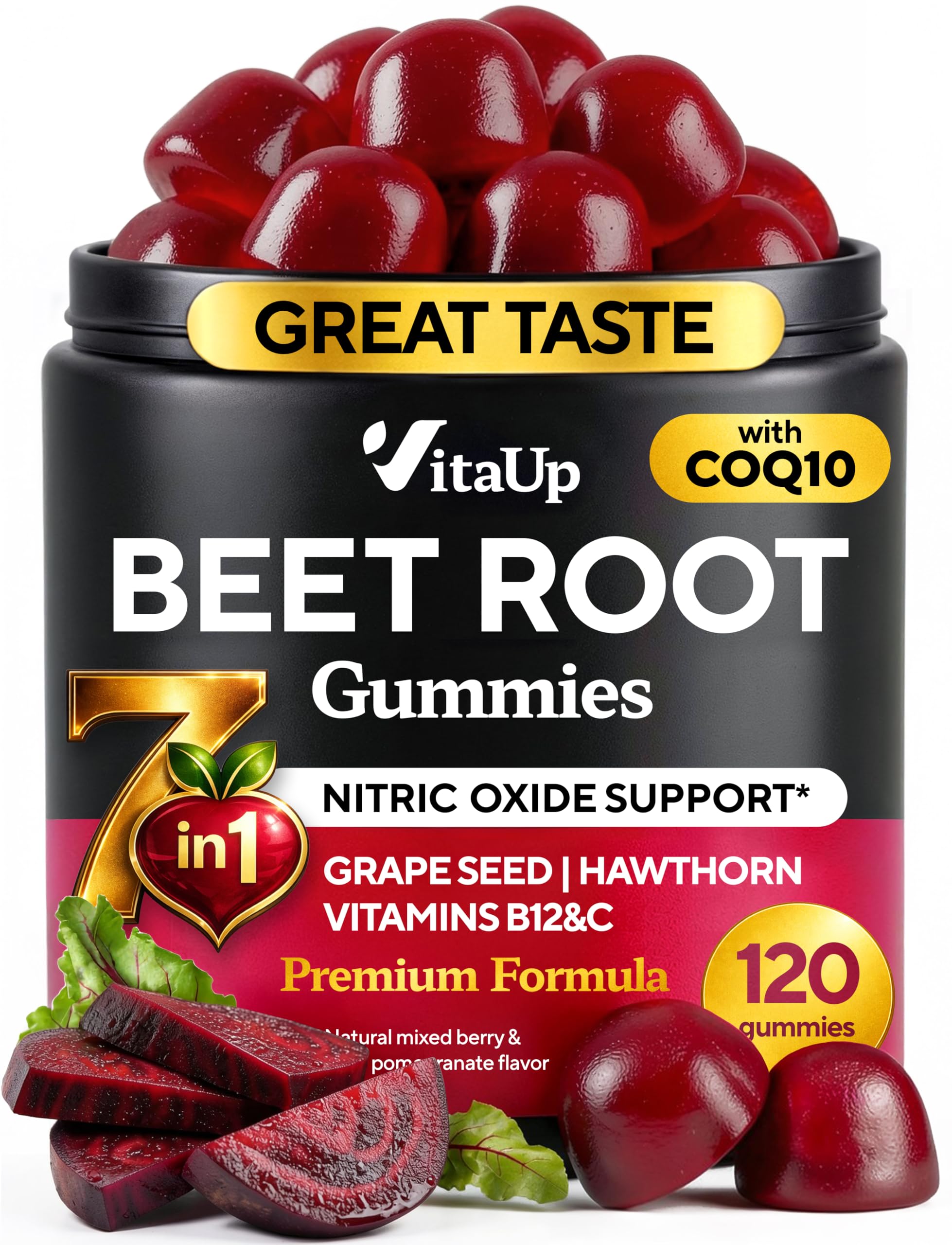 VitaUp Beet Root Gummies – Beetroot Gummies with CoQ10, Grape Seed, Vitamin C, B12 & B3 – Nitric Oxide Gummies for Circulation Support – Beet Supplement for Energy & Immune Support – 120 Beets Chews