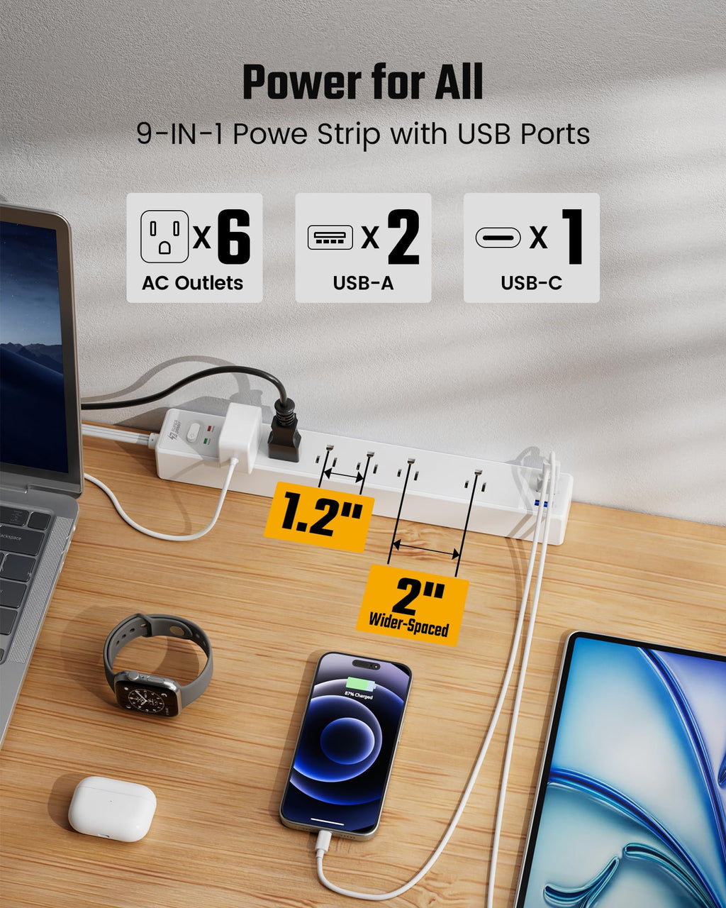 10Ft Flat Extension Cord with Multiple Outlets, Surge Protector Power Strip