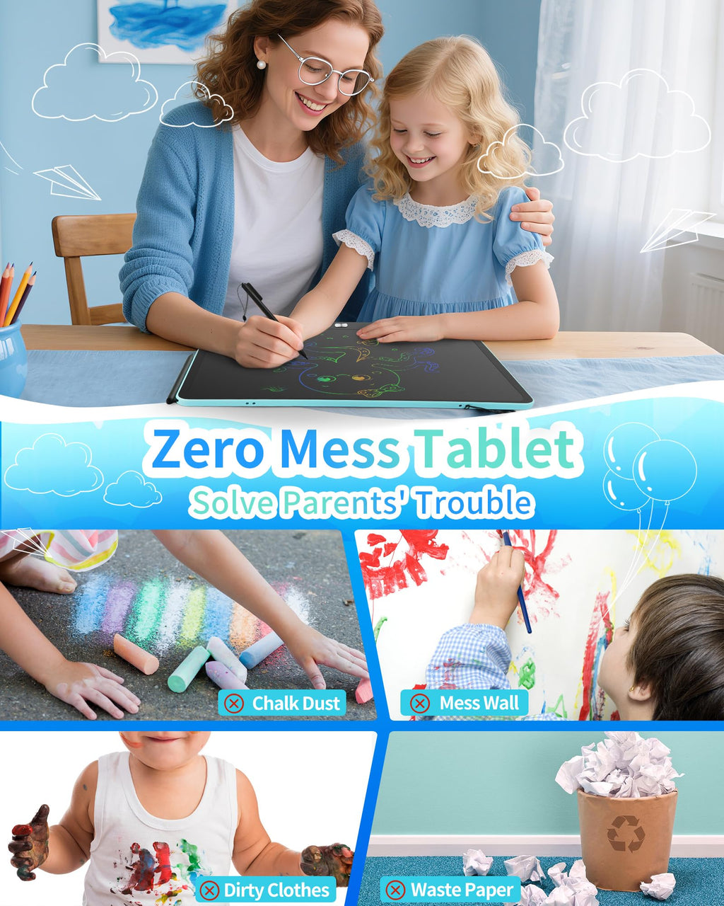 Rechargeable LCD Writing Tablet for Kids, 16 Inch Colorful Drawing Tablet, Educational Toddler Drawing Pad, Reusable Learning Toys for Kids (Ages 3-8), Ideal Gift for Christmas Birthday (Blue)